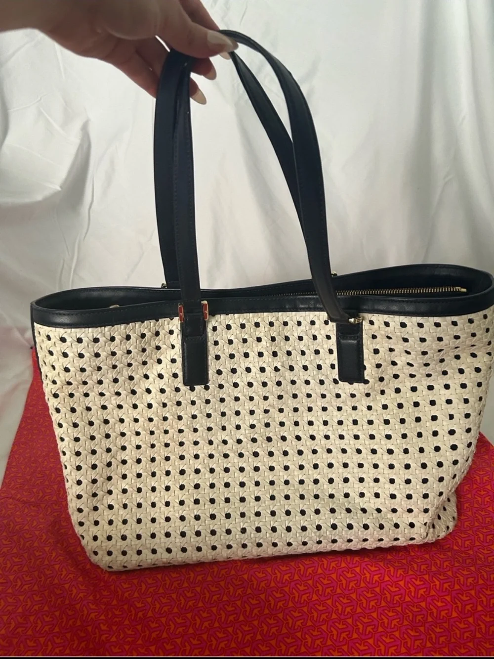 Tory Burch White Perforated Robinson Basket Weave Tote Bag with Navy Blue